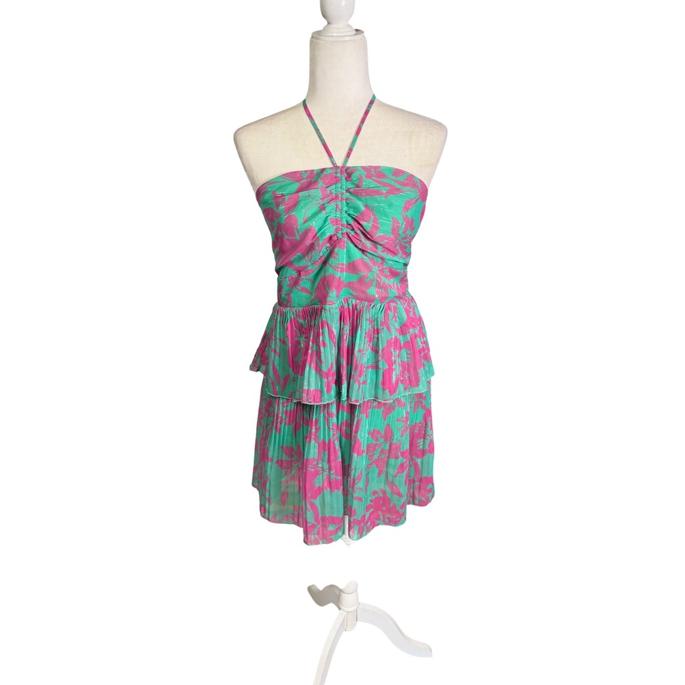 Adelyn Rae Katia Overlay Pleated Halter Dress‎ – L